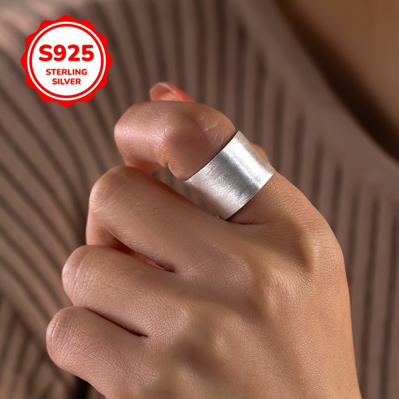 925 Silver Open Ring - Matte Wide Band Adjustable Hip Hop Index F